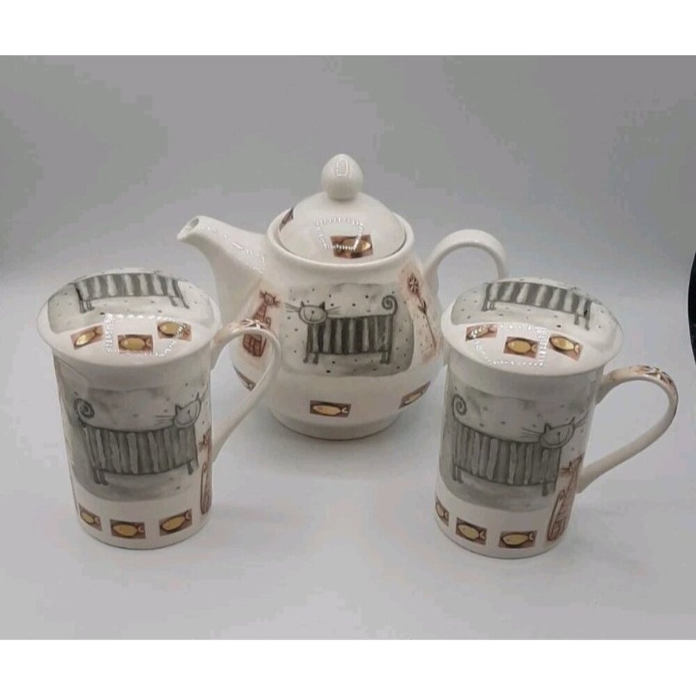 Stokes Ceramic Teapot  2 Lidded Mugs Metallic Cat Whimsical Cat & Fish Artwork